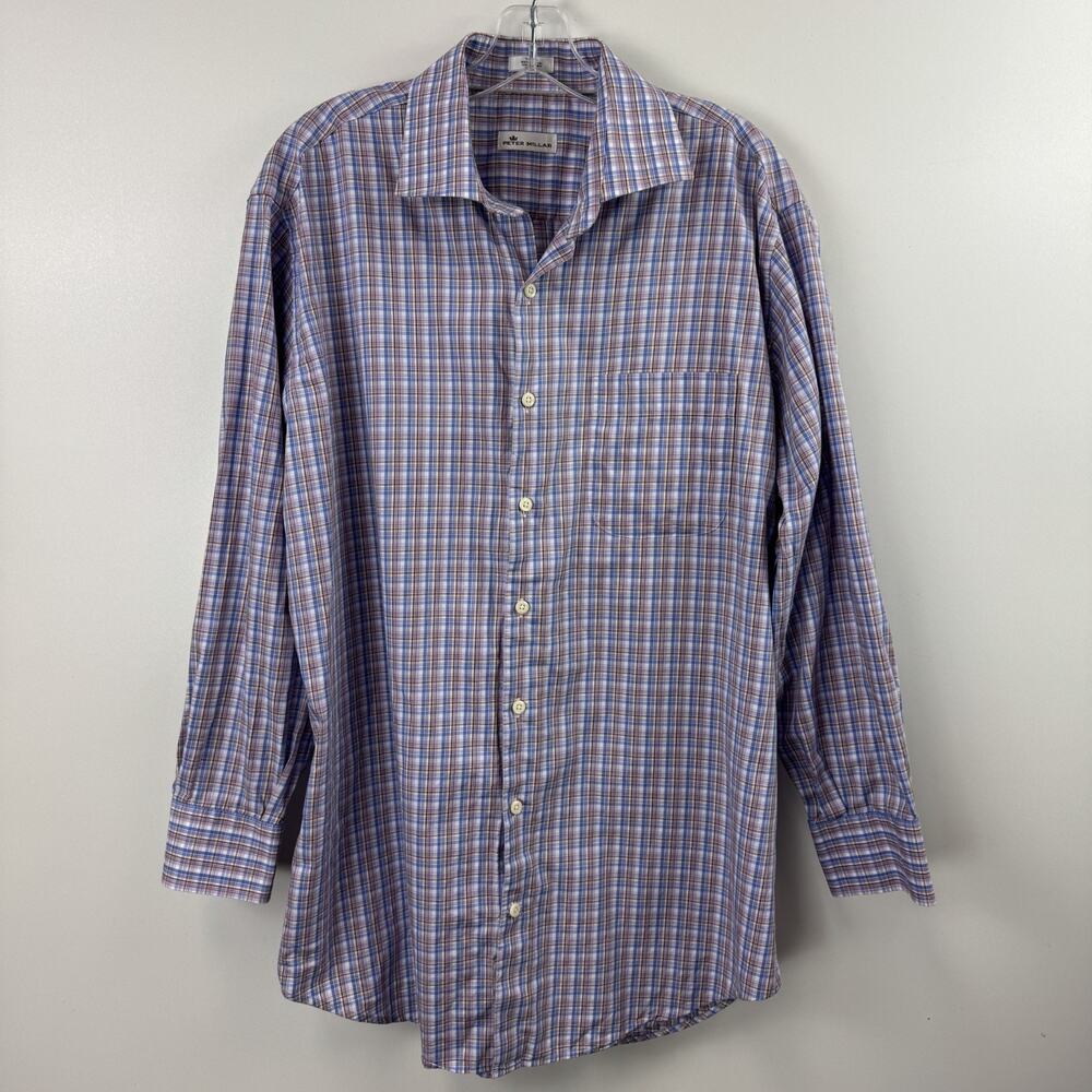 Peter Millar Seaside Finish Men’s Blue Plaid Long Sleeve Button-Up Shirt Large